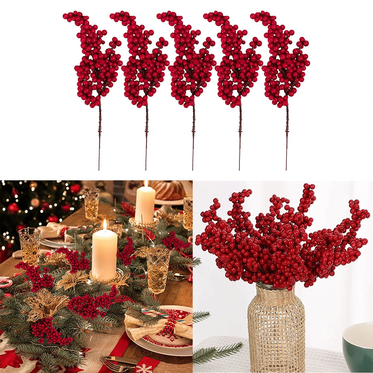 5pcs Artificial Red Berry Picks With Hawthorn,Red Berries Branches Artificial Foam Holly Berry Flower Fruit Christmas Tree Decorations Holiday DIY Crafts Xmas Ornaments Wedding Home Decor Holiday Decor Silk Flower Arrangements, Bouquet Stamen Plant DIY Wreath Christmas Party Home Decor - Multicolor - View 1