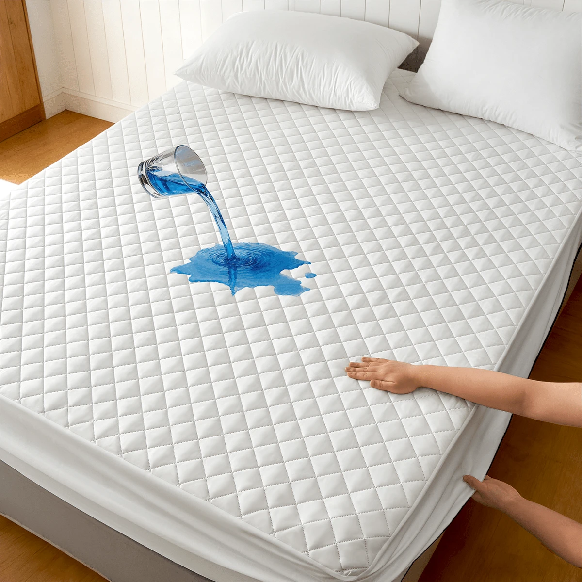1pc Soft & Comfortable Waterproof Thickened Mattress Protector, Cooling Bedspreads, Layered Fitted Sheet With Solid Color Bedding Design, Ideal For Bedroom, Guest Room And Hotel Mattress Protection - trắng - Xem 1