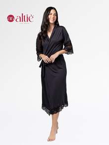 Kit Robe Longo + Camisola Longa Renda Luxo Feminina | Conforto, Sensualidade & Elegância - Preto - Visão 3