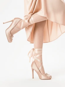 Women's Ballet High Heels Square Toe Mary Janes Lace Up Heels Elegant Ballerina Stiletto Heels Bow Decoration Party Dancing Shoes - 裸色 - 查看 6