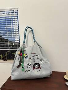 女士手提包，新款丝巾刺绣，大容量，轻便，可调节肩带，可折叠，适合通勤、旅行、休闲、节日、聚会、圣诞礼物 - 彩色 - 查看 7