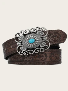 1 Piece, Turquoise-Inlaid Western Belt, Silver-Plated Antique Floral Buckle Leather Belt, Vintage Bohemian-Style Ladies' Belt, Denim Fashion Accessory Suitable For All Seasons. - Multicolor - View 4
