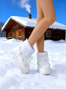 优雅系带女靴，防滑、保暖、舒适，时尚百搭，适合户外冬季穿着 - 白色 - 查看 3