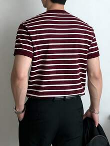 HUODA Loose Fit Lightweight Men's Striped Crew Neck Casual Versatile Daily Commute Short Sleeve Knit T-Shirt - Red Violet - View 4