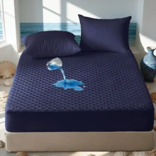 1pc Soft & Comfortable Waterproof Thickened Mattress Protector, Cooling Bedspreads, Layered Fitted Sheet With Solid Color Bedding Design, Ideal For Bedroom, Guest Room And Hotel Mattress Protection - Màu xanh đậm - Xem 2