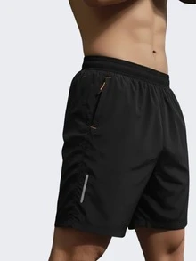 Men's Bermuda Shorts With Pockets, Reflective Logo, Shines With Flash, Perfect For Summer, Beach, Gym, Workout, And End Of Year. - 黑色 - 查看 6
