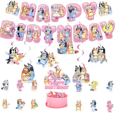 Decoración de fiesta de cumpleaños de Bluey de color rosa, incluye banderines colgantes, decoración para pastel y suministros de decoración