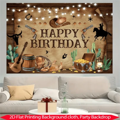 1条复古生日横幅，背景图案为牛仔、木桶和“生日快乐”字样，涤纶面料，适用于派对、庭院、家居装饰、生日派对和拍照背景装饰。