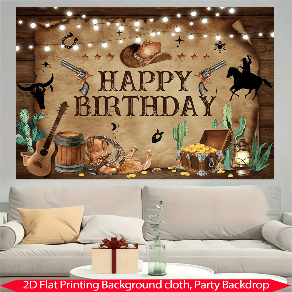 1条复古生日横幅，背景图案为牛仔、木桶和“生日快乐”字样，涤纶面料，适用于派对、庭院、家居装饰、生日派对和拍照背景装饰。