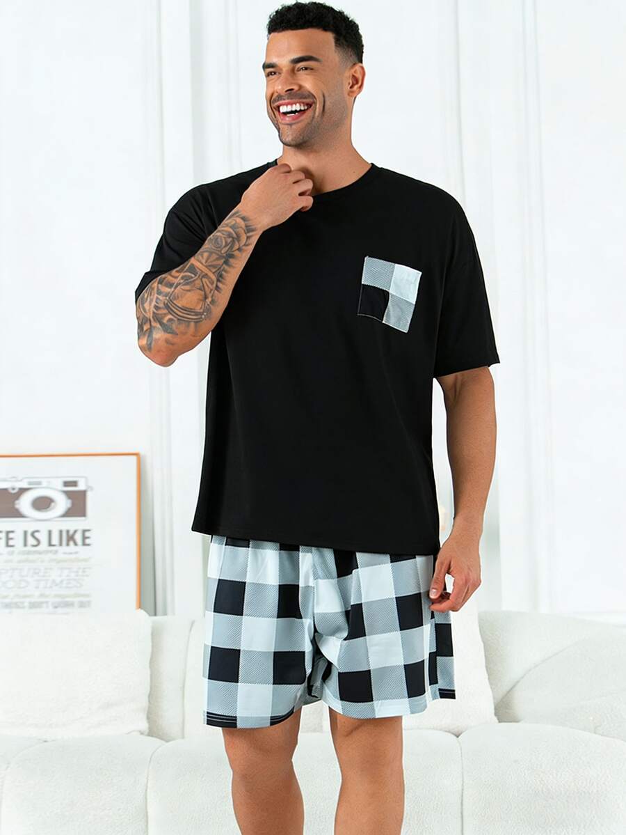 2pcs/Set Plus Size Men's Casual Loose Plaid Short Sleeve T-Shirt And Shorts Pajama Set, Suitable For Spring/Summer - Black - View 1