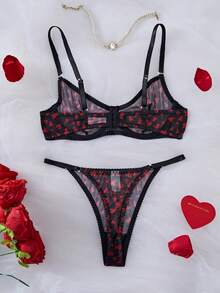 Valentine's Day Limited Edition | Beating Red Heart Lace Lingerie Set, Romantic Surprise With Atmospheric Ambiance - Black - View 2