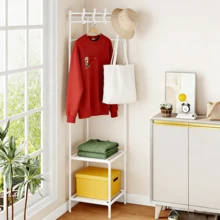 1pc 2-Tier Free Standing Coat Rack, Space-Saving Design With Hooks And Shelves, Easy Assembly, Suitable For Entryway, Bedroom, Closet, Balcony, Sturdy And Durable, Movable, Storage For Clothes, Pants, Blankets, Bags, Hats, Accessories - Multicolor - View 2