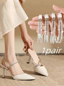 QKC 1pair Rhinestone High Heels Shoes Band Anti-Loose For Women Shoelaces Invisible Anti-Drop Heel Straps Belt Drill Elastic Fixed Belts - Silver Diamond On White Background - View 6