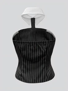 Wiosna/Lato Dopasowany Modny Uniwersalny Bez Rękawów Ściągany w Pasie Dojazdy Codzienne Występy Taniec Uliczny Randka Wakacje Akademik Podróże Kołnierz Halter Złoty Metalowy Guzik Odkryte Plecy Vintage Paski Damski Top - Czarne i Białe - Zobacz 5