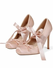 Women's Ballet High Heels Square Toe Mary Janes Lace Up Heels Elegant Ballerina Stiletto Heels Bow Decoration Party Dancing Shoes - 裸色 - 查看 3