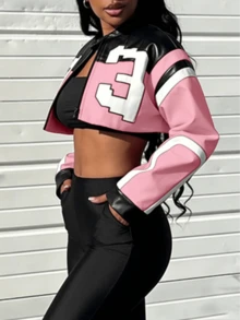 Women's Faux Leather Jacket Zipper Short Red Coat Bomber Leather Jacket Women's Party Tops Casual Outfit For Christmas And New Year - 粉色 - 查看 8