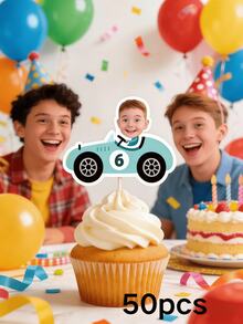 10/25/50/100个个性化赛车照片纸杯蛋糕装饰，人脸纸杯蛋糕装饰，男孩定制赛车纸杯蛋糕装饰，赛车男孩生日派对装饰，趣味装饰