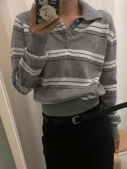 复古条纹长袖针织Polo领宽松短款时尚套头衫，韩版风格，秋季款