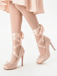 Women's Ballet High Heels Square Toe Mary Janes Lace Up Heels Elegant Ballerina Stiletto Heels Bow Decoration Party Dancing Shoes - 裸色 - 查看 5