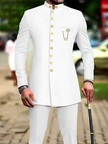 Men's Casual Long-Sleeved Two-Piece Suit, Mid-Length Top And Trousers - 白色 - 查看 4