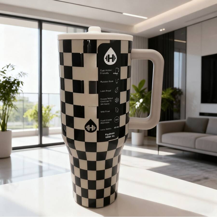 Hydro-Jug 40oz Water Bottle Leak-Proof, Insulated, Travel Cup - 黑白格 - 查看 1