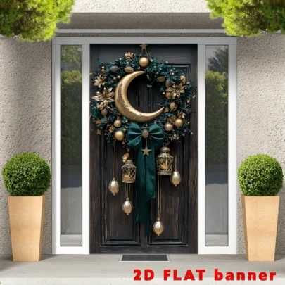 2D Flat Banner Flag Party Banner Made Of Exquisite Polyester, Featuring A Ramadan Golden Lantern Design, With Four Holes For Easy Hanging, Suitable For Indoor And Outdoor Decoration At The Entrance Of A Courtyard.