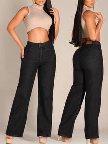 Women's Black Wide Leg Jeans, High Waist, 100% Cotton, No Lycra - 黑色 - 查看 1