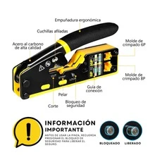Vmingo Alicate Pinza Ponchadora Crimpadora Engarzado Pass Through Cables Red Rj11 Rj12  Herramienta Crimpadora Profesional Cable Red cat5 cat6 3 en 1 Engarzadora Precisión Instalaciones Red Domésticas  Armado Cables Ethernet utp ftp Redes Telefonía Cableado Estructurado 6P8P - Negro con Amarillo - Ver 3