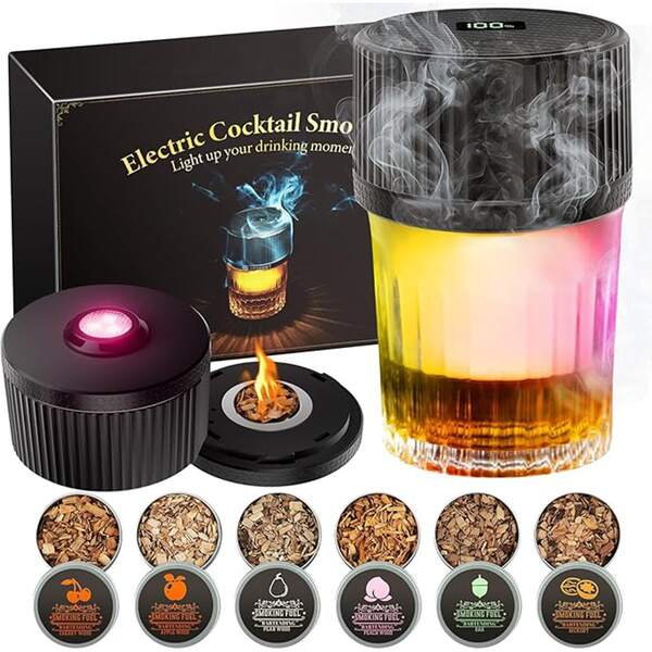 Electric Whiskey Smoker Kit With 4 Light Modes, Rechargeable Cocktail Smoker, 6 Wood Chips, No Butane Required, Christmas/Birthday Gifts For Men, Dad, Husband