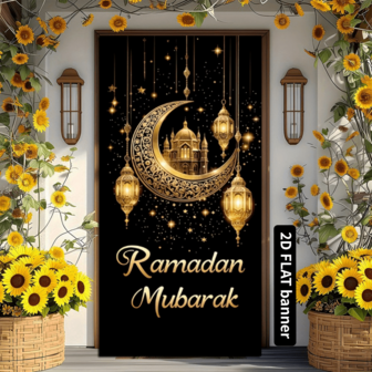 2D门帘，优雅的斋月吉祥门帘 - 节日涤纶材质，饰有金色新月和灯笼图案，非常适合室内外入口装饰