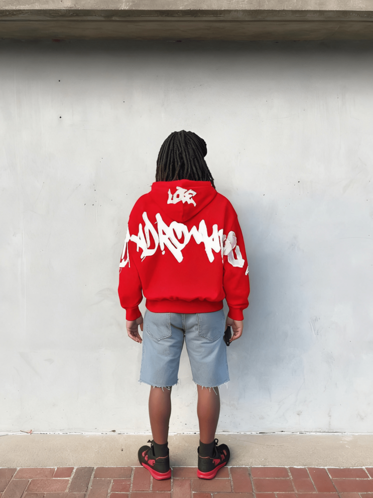 Hooded Sweatshirt With Unique Street-Style 3D Letter Print, Zip-Up Loose Top, Y2K Autumn And Winter - Đỏ - Xem 3