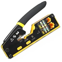 Vmingo Alicate Pinza Ponchadora Crimpadora Engarzado Pass Through Cables Red Rj11 Rj12  Herramienta Crimpadora Profesional Cable Red cat5 cat6 3 en 1 Engarzadora Precisión Instalaciones Red Domésticas  Armado Cables Ethernet utp ftp Redes Telefonía Cableado Estructurado 6P8P - Negro con Amarillo - Ver 8