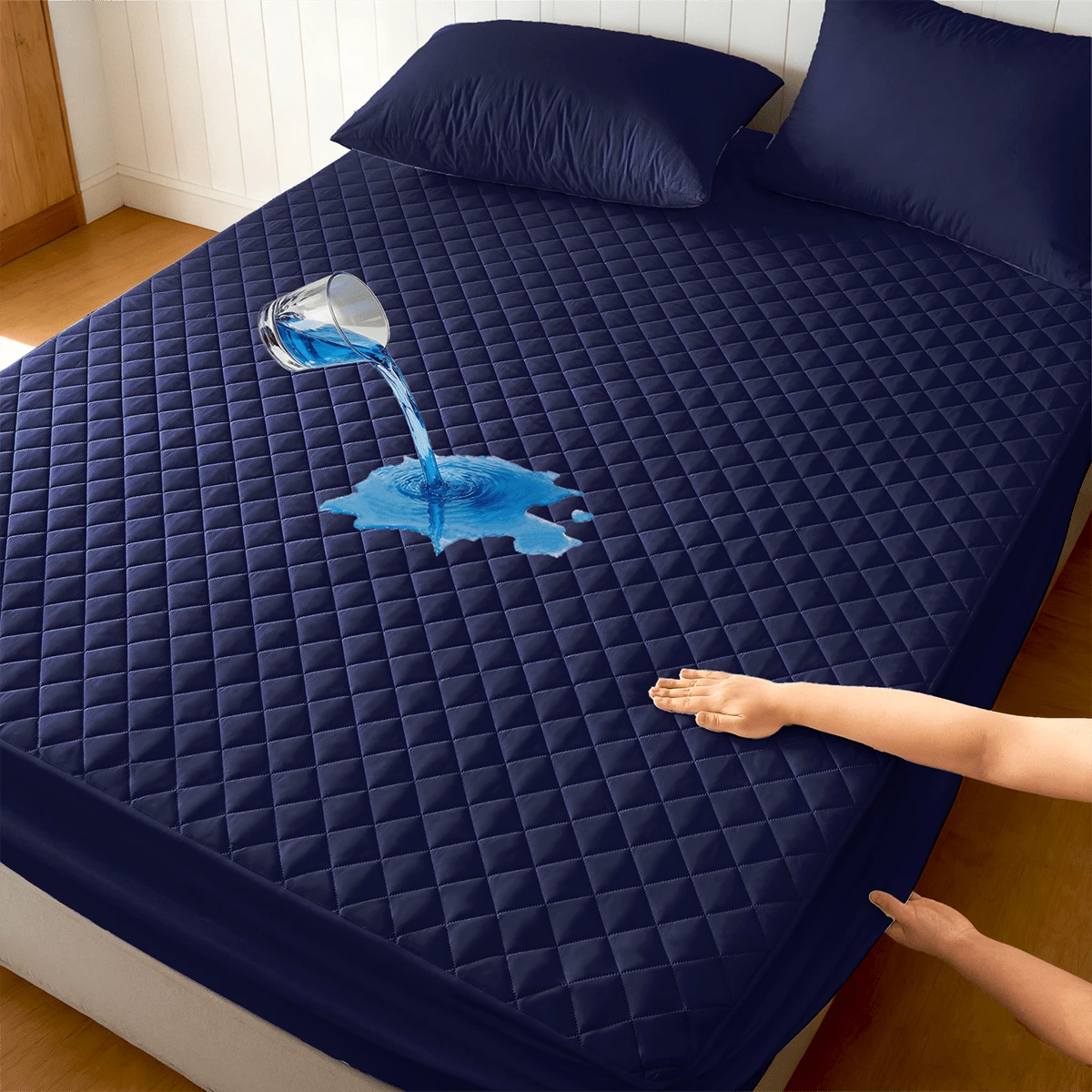 1pc Soft & Comfortable Waterproof Thickened Mattress Protector, Cooling Bedspreads, Layered Fitted Sheet With Solid Color Bedding Design, Ideal For Bedroom, Guest Room And Hotel Mattress Protection - Màu xanh đậm - Xem 1