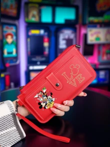 1 pieza Cartera larga de Minnie Mouse - Portacartas de gran capacidad con múltiples ranuras, con correa para el hombro, bolsillo con cremallera, diseño de estampado de dibujos animados, adecuado para uso diario - Multicolor - Ver 8