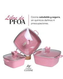 Batería de cocina de cerámica premium 14 piezas Piezas jumbo, cuadradas y 2 utensilios de silicona, Incluye olla, cazuelas o arroceras desde los 2.5 hasta los 10.5 litros y dos agarraderas de silicona. Apto para todo tipo de estufas, incluidas de gas, eléctrica, inducción y vitrocerámica - Rosa - Ver 4
