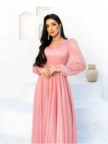 Long Dress Puff Sleeve Graduation Party Wedding Bridesmaid Guest - 乾枯玫瑰色 - 查看 3