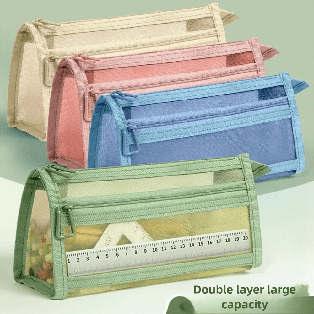 1pc Desktop Organizer Morandi Grid Mesh Pencil Case With Handle And Zipper, Transparent Dual-Layer Pencil/Marker Pouch, Travel Cosmetic Bag, Cute Transparent Stationery Storage Pen Bag, Suitable For Adults Office And College Use