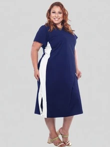 Women's Plus Size Cotton Dress With Side Stripe, Casual, Loose Fit, Comfortable, Sizes 50 To 56 - Màu xanh hải quân - Xem 2
