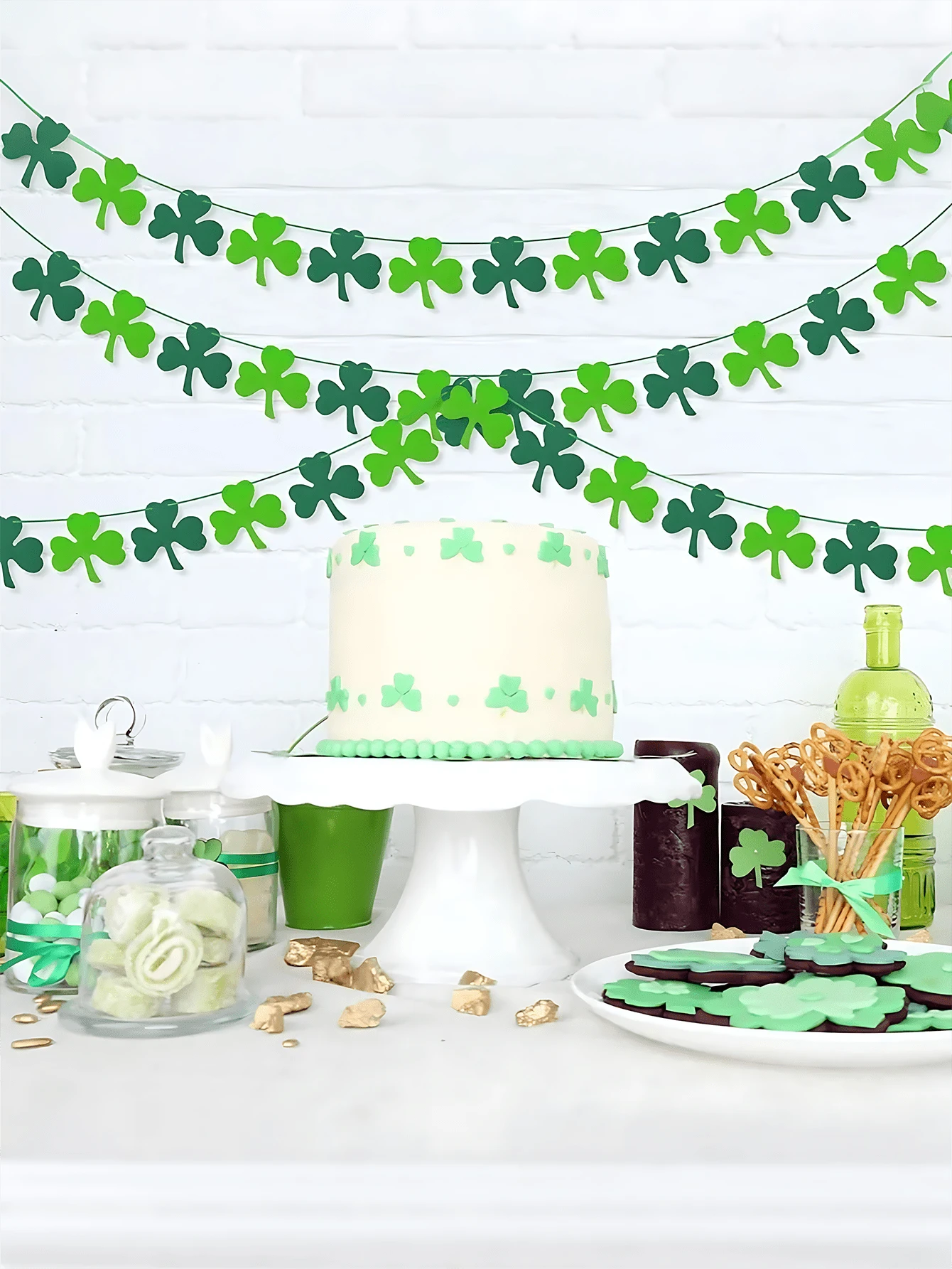 一套毛毡三叶草花环装饰 | 圣帕特里克节装饰，悬挂式绿色三叶草花环，适合爱尔兰主题派对，多色绿色和浅绿色，毛毡三叶草花环装饰，圣帕特里克节花环旗帜，绿色三叶草花环，圣帕特里克节装饰，教室壁炉派对礼品 - 彩色 - 查看 1