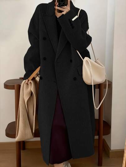 大码女式纯色时尚休闲优雅翻领双排扣长袖羊毛大衣外套，适合日常搭配、外出、聚会、商务、办公通勤等场合。