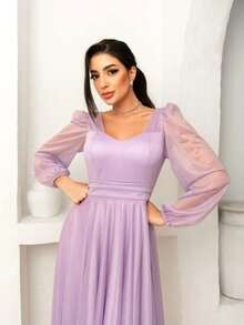 Long Dress Puff Sleeve Graduation Party Wedding Bridesmaid Guest - Lilac Purple - View 3