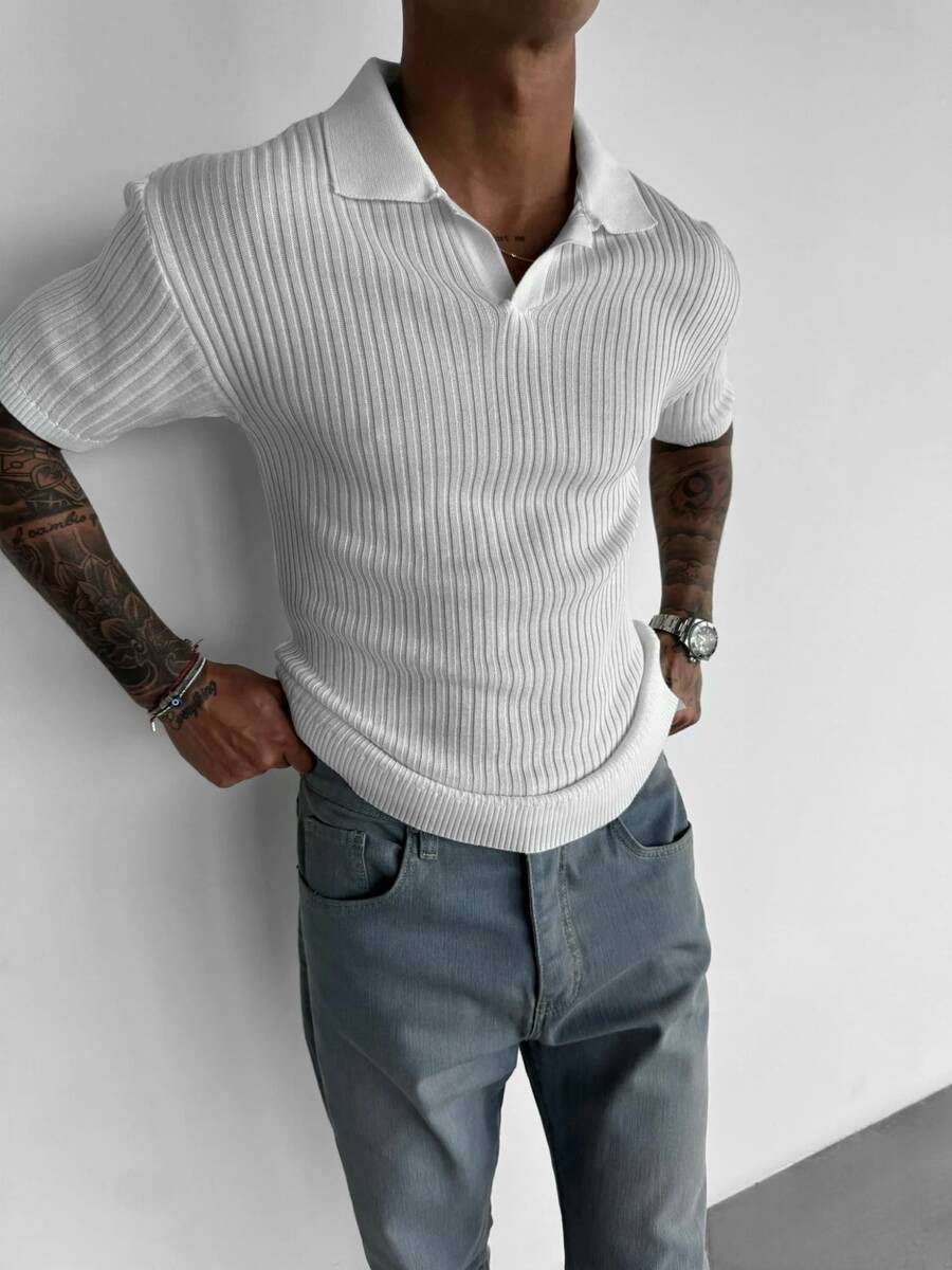男士纯色纹理罗纹针织短袖 Polo 衫，休闲户外服饰 - 白色 - 查看 1