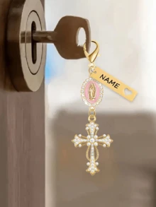 Personalized Christian Cross Keychain, Engraved With Your Name, Decorated With Pearls And Diamonds - Cross Keychain, Bag Charm, Cross Pendant, Wallet Backpack Decor, Earphone Case Accessory, Keyring Decoration - Multicolor - View 4