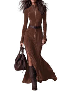 Women'S Elegant Full-Zip Collared  Dress - European & American Style Fall Winter Warmth, Round Neck Long Sleeve Full-Length Zipper Front, Solid Brown/Navy, Tailored Fit For Casual To Formal Events, Office & Party Outfits - Versatile All-Season,Ideal Gifts For Halloween And Christmas - 棕色 - 查看 2