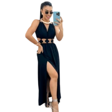Women's Long Dress With Cutouts And Side Slit, Elegant And Premium Finish. Long Dress With Two Neckline Styles And Side Slit. Features Cutouts, A Slit, And A Tie At The Neckline. Elegant, Casual, Party, Split Fabric, Side Opening, Bare Back, Drawstring Tie. 2-In-1. Suitable For: Beach, Night, Garden, Photoshoot, Street, Birthday Party, Stage And Concert, Bachelorette Party, Travel, Vacation. - màu đen - Xem 3