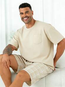 2pcs/Set Plus Size Men's Casual Loose Plaid Short Sleeve T-Shirt And Shorts Pajama Set, Suitable For Spring/Summer - Beige - View 3
