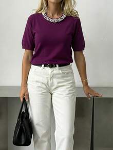 GIGOGOU Fashion Spring Summer Basic Women Knit T Shirt Cozy Soft Casual Short Sleeves T-Shirt Top - Purple - View 7