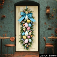 2D Flat Easter Door Banner, Polyester - Vertical Hanging Banner With Pastel Eggs And Blue Ribbons, Multipurpose Indoor/Outdoor Decor, Suitable For Events And Parties, No Electricity Required