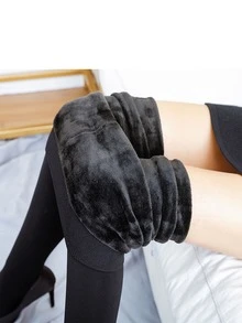 1件装女士200克加厚保暖绒面打底裤，时尚简约冬季保暖绒裤袜（适合5-15°C） - 黑色 - 查看 4