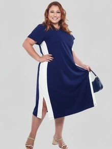 Women's Plus Size Cotton Dress With Side Stripe, Casual, Loose Fit, Comfortable, Sizes 50 To 56 - Màu xanh hải quân - Xem 3